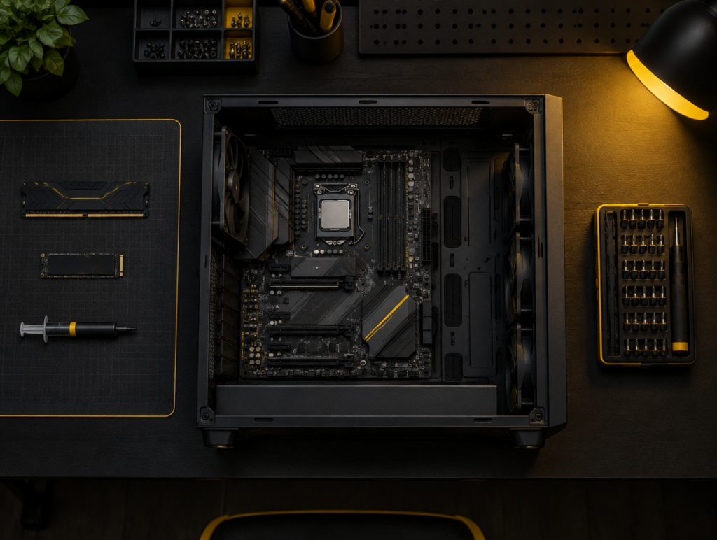 Unknown LK technician bench with an open PC case, RAM, SSD and precision tools